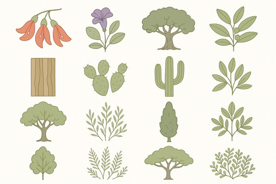 Argentinian Native Plants and Trees Icon Grid with Ceibo, Jacarand&aacute; and Omb&uacute; in Flat Vector