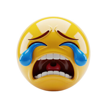 hyper-detailed 3d render of a vibrant yellow glossy loudly crying face emoji sphere with realistic blue dripping teardrops, isolated on white studio background. concept of profound digital despair