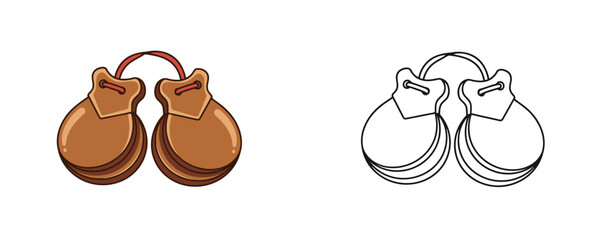 Colored and black and white outline vector illustrations of wooden castanets in isometric style in brown and red colors used for music icons and educational kits