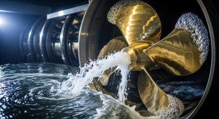 Dynamic water flow patterns around a shipping propeller in a cavitation tunnel showcasing advanced testing for reduced fuel consumption.