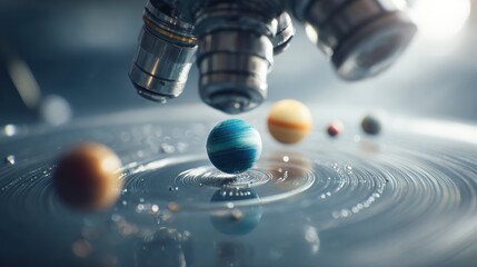 Microscopic view of planets in a liquid medium, showcasing scientific exploration