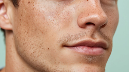 Fototapeta premium Handsome male face close up with smooth skin, light stubble, natural freckles, and soft lips, expressing calm confidence and healthy complexion