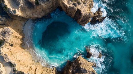 Aerial view of a hidden cove with turquoise water and rocky cliffs.