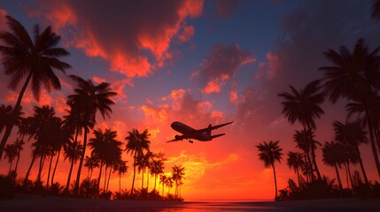 Airplane flying over tropical island at sunset with palm trees.