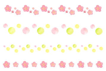 手描き水彩 かわいいピンクの梅の花と水玉の装飾ライン4本セット / Hand-painted watercolor pink plum blossom decorative line set