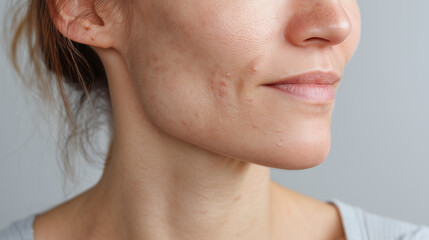 Obraz premium Close up of woman lower face with natural skin texture, visible acne scars, and soft daylight studio lighting, showing calm and confident expression