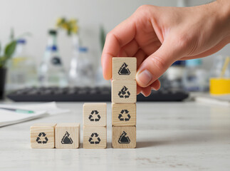Bioremediation Technology A human hand stacks wooden cubes with waste icons, showing the systematic methodology for using living organisms to clean up environmental pollutants for problem-solving