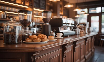 Warm and inviting coffee shop interior with freshly baked pastries, coffee beans, and brewing equipment on a wooden counter.