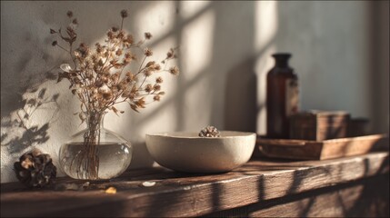 Rustic Still Life with Dried Flowers and Shadows Capturing a Serene Scene