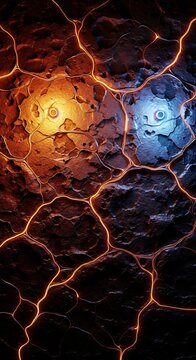 Textured dark surface with glowing orange veins and two luminous circular foci one orange one blue resembling abstract cellular patterns