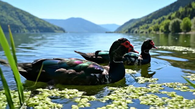Muscovy Ducks Swimming Peacefully on a Mountain Lake, Nature View