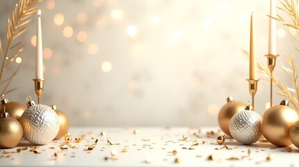 Minimalist luxury New Year background in pearl white and champagne gold, shimmering confetti accents, glowing bokeh lights, refined ornaments, premium greeting card design