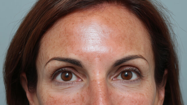 Natural soft lighting showing subtle pigmentation inconsistency on middle aged woman forehead and face, with visible freckles, smooth skin texture, and brown eyes, expressing neutral mood