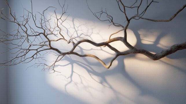 Delicate tree branch casting elegant freeform contours and gentle shadows on light wall, creating tranquil and artistic natural pattern in soft sunlight - Powered by Adobe