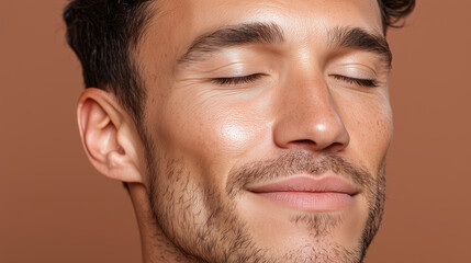 Obraz premium Man with eyes closed subtle glow on face smooth skin warm spa tones relaxed expression closeup portrait healthy complexion natural light serene mood youthful male