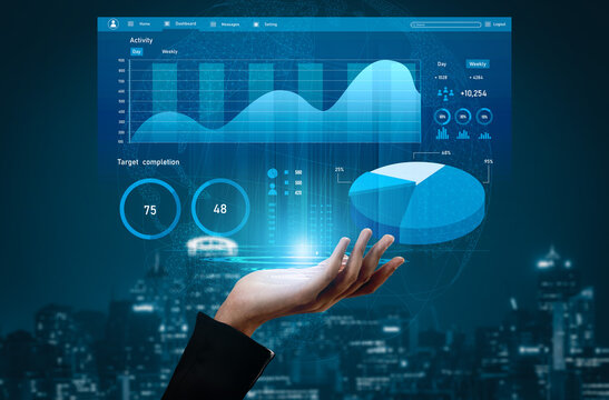 A modern hand holding a holographic display of data graphs and pie charts, set against a city skyline, symbolizing technology and analytics for business growth. Impute - Powered by Adobe