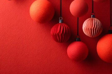 Several red Christmas ornaments hang against a matching red background.