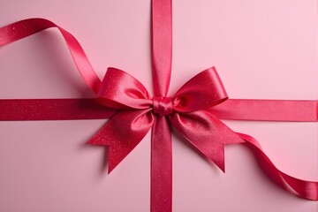 A pink gift box is wrapped with a bright red ribbon tied in a neat bow.