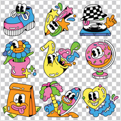 Retro Cartoon Stickers Featuring Whimsical Characters and Objects
