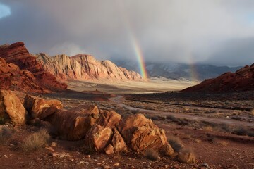 A vibrant rainbow arcs over rugged red rock mountains in a vast desert landscape.