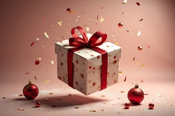 A decorated gift box wrapped with a red ribbon floats in midair amid falling confetti and red Christmas ornaments.