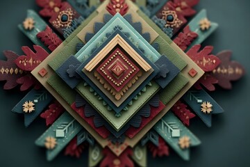 A colorful, layered geometric mandala-like structure is centered against a dark background.