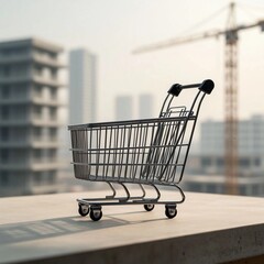 A shopping cart sitting on a ledge with a cityscape and construction crane in the background, symbolizing consumerism and urban development