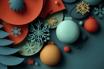 Colorful Christmas ornaments and snowflakes rest in a layered, paper?cut style arrangement.