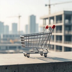 An Empty Shopping Cart on a City Building's Backdrop 