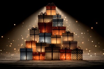 A pyramid-shaped stack of glowing gift boxes stands in a dark, spotlight-lit space.