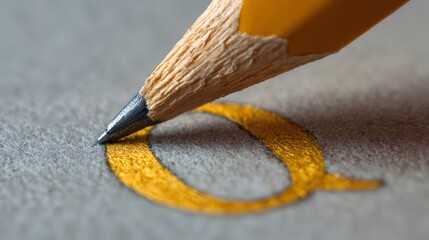 Close-up of a pencil drawing a golden question mark.