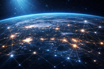 AI generated earth from space at night with glowing city lights and connected digital network lines futuristic global communication technology background with clean copy space