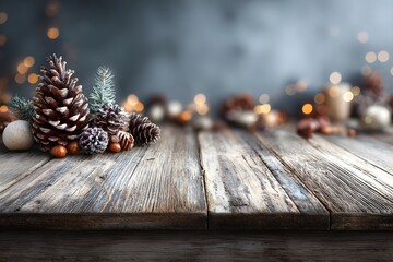 Pinecones and festive ornaments rest on a rustic wooden table with blurred holiday lights in the background.
