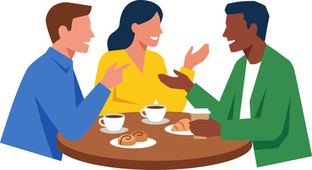 friendly group of diverse people enjoying coffee and conversation at a cozy cafe setting with minimalistic background and cheerful atmosphere