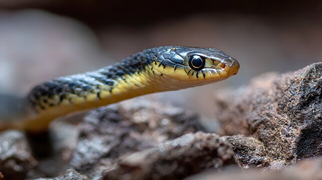 Close-up of a Yellow-Bellied Racer Snake on Rocks.