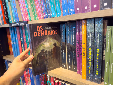 BELO HORIZONTE, MG, BRAZIL, DECEMBER 12, 2025 A person's hand reaches for a classic Fyodor Dostoevsky novel on a vibrant bookshelf in a modern bookstore.