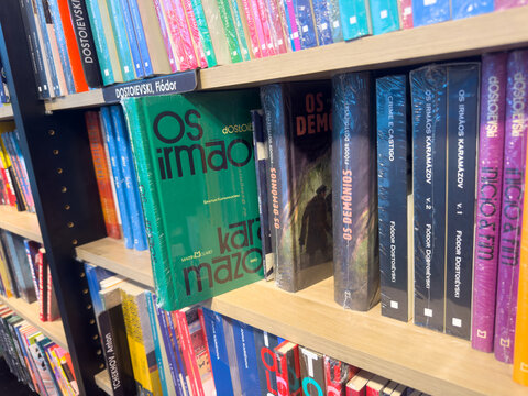 BELO HORIZONTE, MG, BRAZIL, DECEMBER 12, 2025 A vibrant collection of classic literature by Fyodor Dostoevsky fills a modern bookstore shelf, inviting readers to explore profound stories.