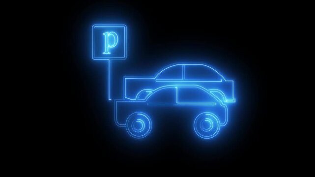 Neon parking car icon representing parking area, vehicle stop and transportation concept. Glowing neon outline of car with parking sign suitable for smart parking, city transport, navigation app, road