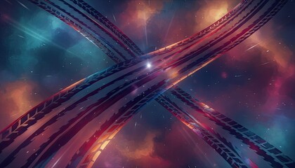Interstellar Cosmic Highway With Pixelated Ribbons Crossing Over Vibrant Nebula And Starry Night Sky With Glowing Trails