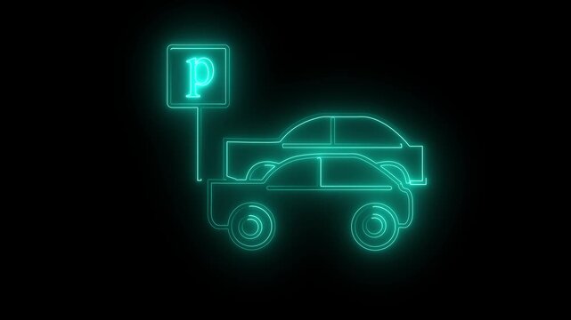 Neon parking car icon representing parking area, vehicle stop and transportation concept. Glowing neon outline of car with parking sign suitable for smart parking, city transport, navigation app, road