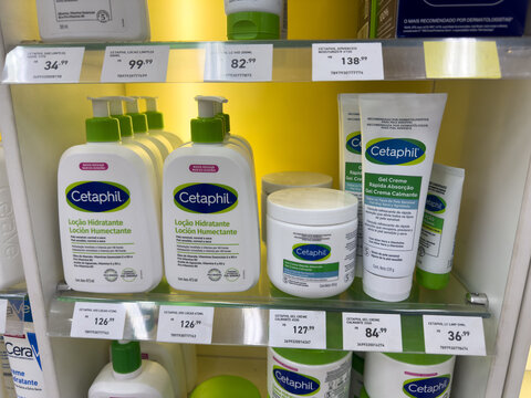 BELO HORIZONTE, MG, BRAZIL, DECEMBER 12, 2025 A variety of Cetaphil skincare products, including hydrating lotions and moisturizing creams, are neatly displayed on a bright retail shelf.