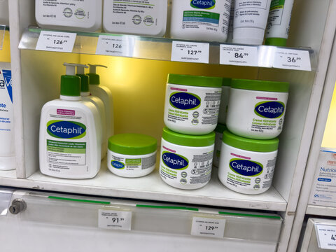 BELO HORIZONTE, MG, BRAZIL, DECEMBER 12, 2025 Cetaphil skincare products are neatly displayed on a well-stocked retail shelf, highlighting popular hydrating lotions and creams.