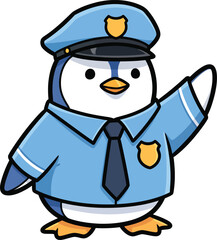 Cute cartoon penguin police officer in a blue uniform and hat waving its flipper.