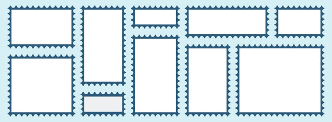 Blue postage stamps set. Set of blank rectangle and square postage stamp vector icons. Postage stamp set. Mockup postage stamps. Blank postage stamp borders templates.
