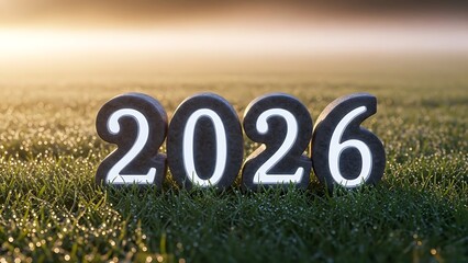 The year 2026 is represented by large, dark numbers with glowing white outlines, set against a backdrop of dewy green grass and a soft, hazy sunrise.