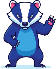 Fierce blue cartoon badger mascot with an angry expression standing confidently and waving.