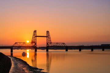 Fototapeta premium 筑後川昇開橋 夕暮れ 夕日