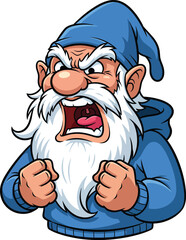Furious cartoon gnome with a white beard in a blue hoodie yelling angrily with clenched fists.