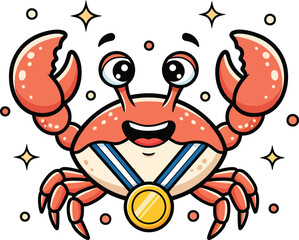 Happy Cartoon Crab Champion with a Gold Medal and Raised Claws.