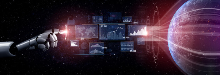 A futuristic scene showcasing a robotic hand interacting with digital data and graphs, symbolizing the convergence of technology and space exploration. Scalp